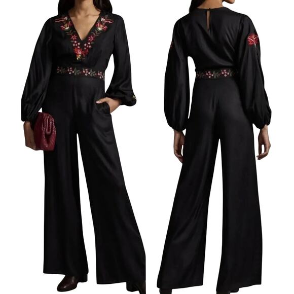 Farm Rio for Anthropologie Black Embroidered Maxi Dress Size S Boho Floral - Picture 1 of 7